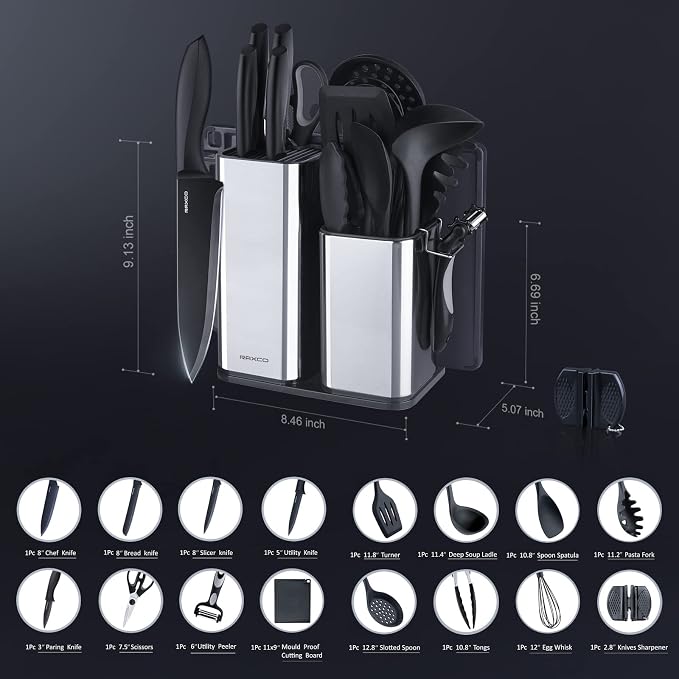 Kitchen Utensils Set,18-Piece Cooking Utensils and Knife Set,Black | Food-grade Silicone Heat-safe to 410°F, Detachable Stainless Steel Holder, 5 Kitchen Knives and Cutting Board All-in-one - Image 7