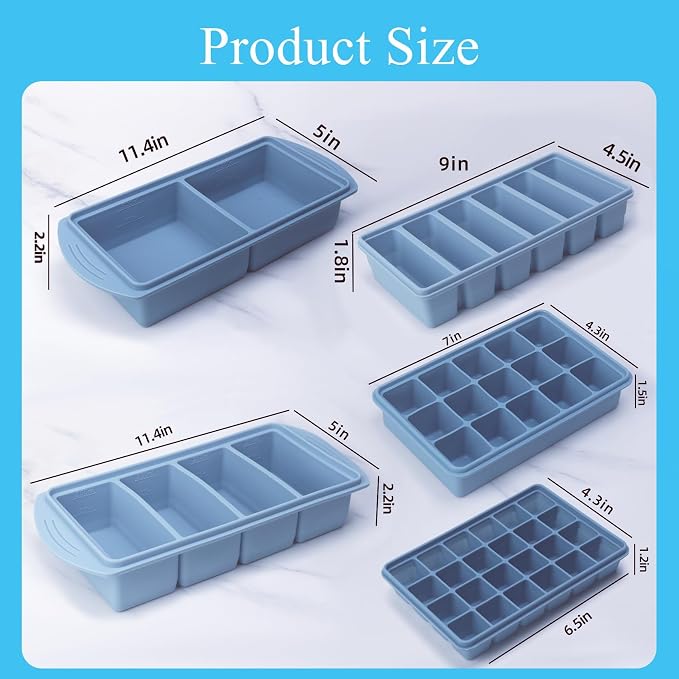 Silicone Freezer Molds Gift Set with 1,and 2 Tbsp, 1/2, 1, and 2 Cup Silicone Freezer Trays With Lids - Meal Prep and Kitchen Essentials Bundle (Blue 5 Pack) - Image 2