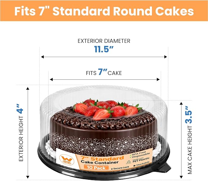 WOW 7in Standard PET Round Cake Carrier, 10-Pack | Fits 7in Cakes, Clear Dome Lid, Stackable, Lightweight, Desserts, Pies, Pastries, 9.5in Diameter - Image 2