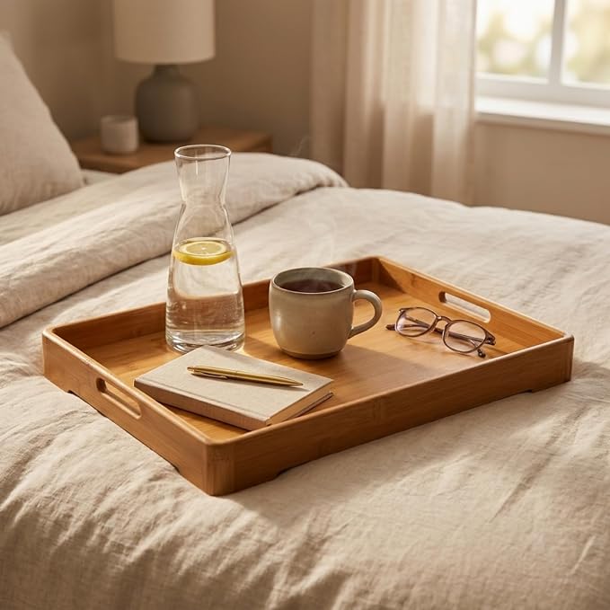 Bamber Large Bamboo Serving Tray Decorative Coffee Tea Platter 18 x 13 x 1.2 Inches - Image 7