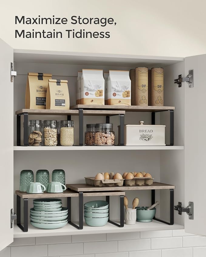 SONGMICS Cabinet Organizer Shelf, Set of 2 Kitchen Counter Shelves, Kitchen Storage, Spice Rack, Stackable, Expandable, Metal and Engineered Wood, Ink Black and Heather Greige UKCS200X02 - Image 5