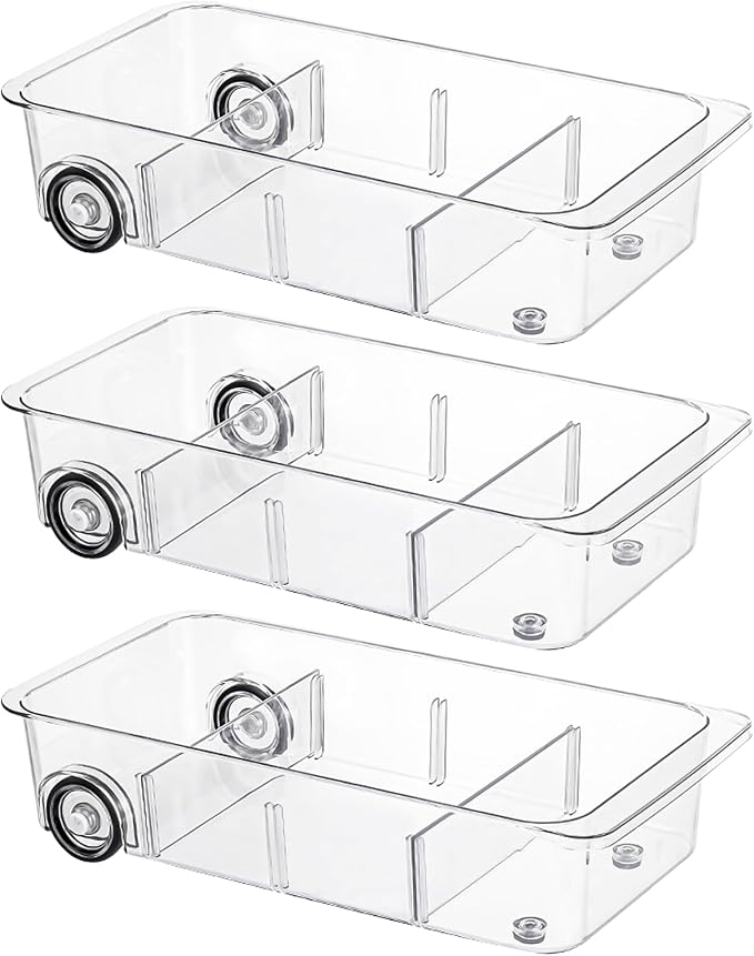LXLXXL Fridge Organizer and Storage Drawer Rolling Refrigerator Bins,3 Pack | Silicone Wheels,3 Pack Adjustable Dividers,Easy to Clean,Organizer for Fridge,Pantry,Bathroom and Cabinet Organization by LXLXXL