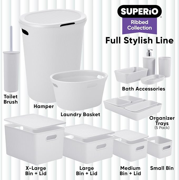Superio Ribbed Collection - Decorative Plastic Basket Open Home Storage Bins Organizer, White Smoke (Set of 4) 1 Large, 1 Medium, 2 Small - Containers for Organizing Closet Storage Bins for Shelves - Image 6