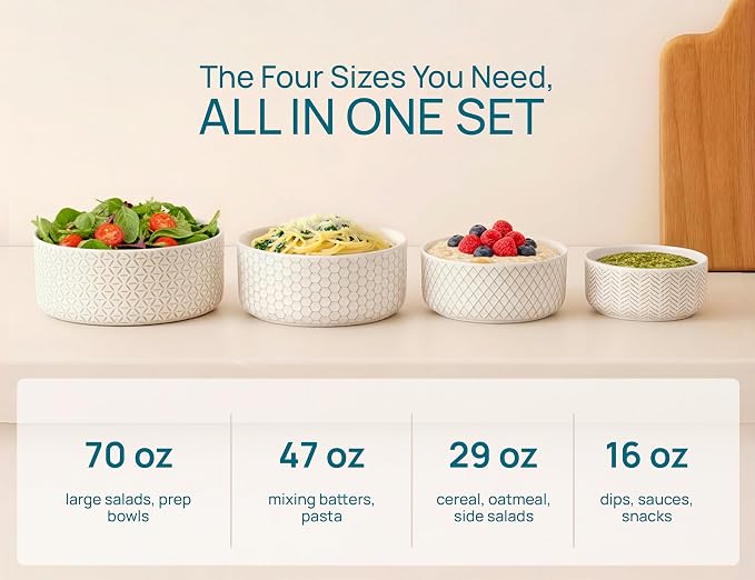 KooK Serving Bowls, with Lids, Ceramic Nesting Bowls, Set of 4, Embossed, Kitchen, Prep, Stackable, Gift, Microwave and Dishwasher Safe, 16/29/47/70 oz, Narbonne Collection (Ivory) - Image 6