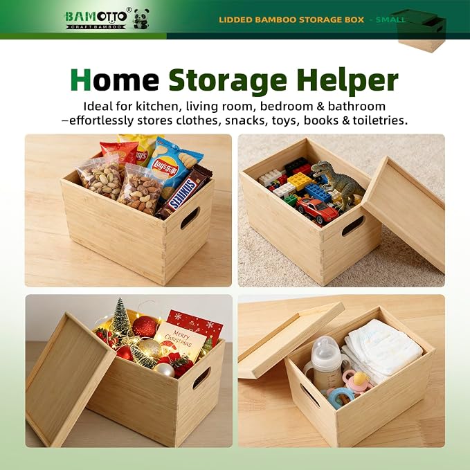 BAMOTTO CRAFTBAMBOO Stackable Bamboo Storage Bin with Lid 10.2”x7.3”x6.5” | Cutout Handles | Compact Design | Natural Bamboo Box Basket for Kitchen Pantry Drawer, Organize Tableware Snacks Toys Books - Image 4