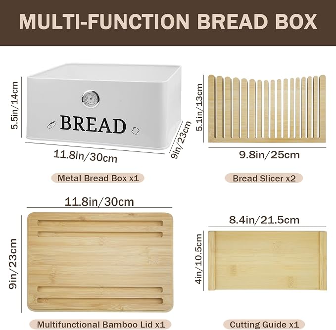 White Bread Box for Kitchen Countertop with Bamboo lid, Hygrometer Kitchen Organizer for Sourdough, Buns, and Loaves, Bread Storage Container with Cutting Board Lid - Image 2