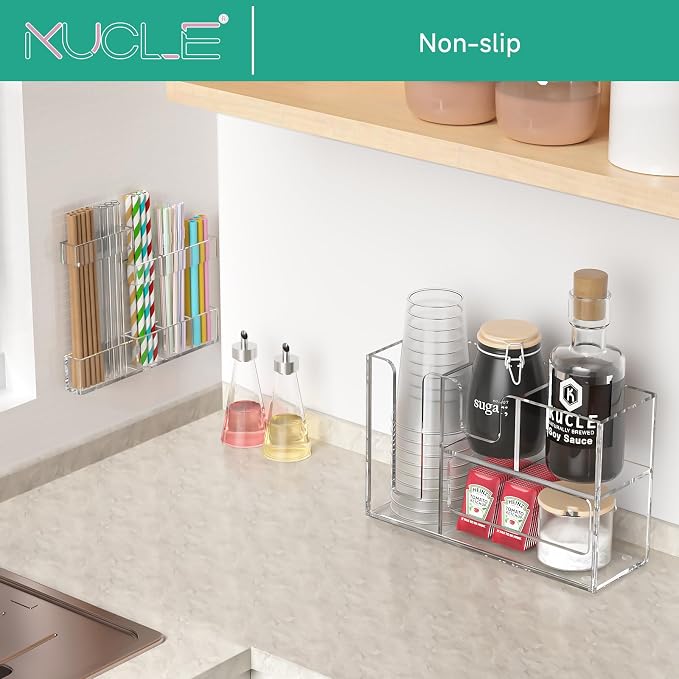 2-Tier Coffee Station Organizer for Countertop, 4 Compartments Clear Acrylic Cup and Lid Holder Tea Condiment Storage Upright Coffee Bar Organizer Pod Dispenser for Office Breakroom Home Kitchen - Image 3