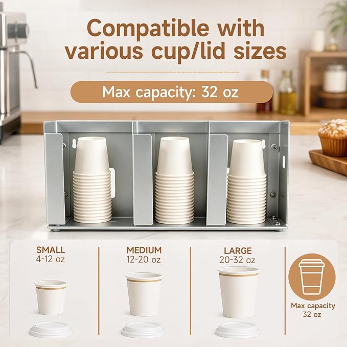 3 Compartments Stainless Steel Cup Dispenser | Adjustable Divider Organizer for Cups and Lids for Kitchen Coffee Bar Restaurant and Office Breakroom - Image 5