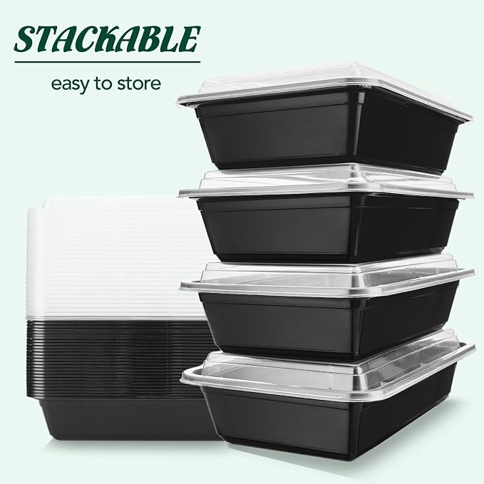 Glotoch Meal Prep Containers 32oz 50 Pack(100 Piece) with Lids, Plastic Food Storage Containers Reusable, Bento Boxes for Portion Control,Takeout, Lunch, Salad, Microwave/Freezer/Dishwasher safe - Image 10