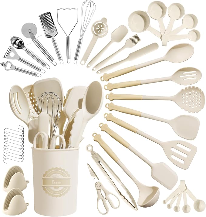 Kikcoin 43 PCS Silicone Kitchen Utensils Set, Dishwasher Safe Kitchen Cooking Utensils Set, 446°F Spatulas Silicone Heat Resistant, Non Toxic Silicone Utensils Set With Two-Tone Grip Handles, Cream by Kikcoin