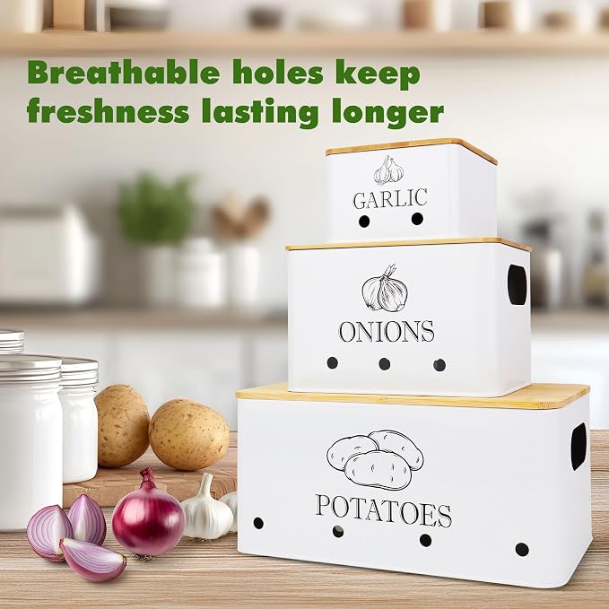 Kitchen Metal Vegetable Storage Bins,Metal Potato Onion Garlic Storage Set of 3 with Aerating Holes and Bamboo Lids,Farmhouse Canisters Sets for the Kitchen Countertop (1, Rectangular) - Image 3