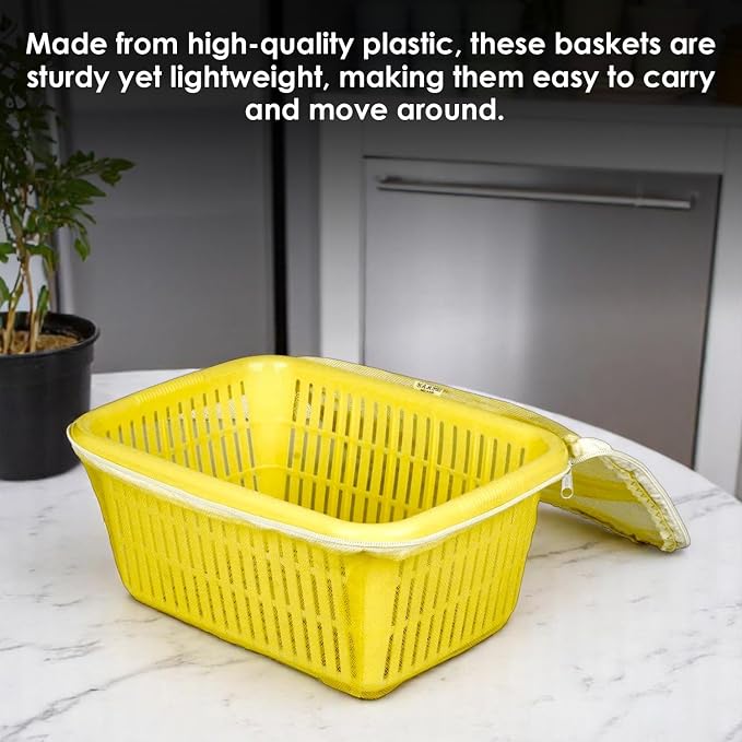Go Hooked Multipurpose Plastic Storage/Gift Basket With Net Cover | Stylish Basket With Zip Net Cover Pack of 2 Versatile Practical Solutions Convenient Storage Maximize Space (Yellow) - Image 3