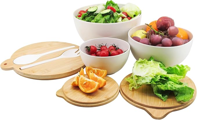 ECOWAY Salad Bowls Set of 3 with Seal Lid & Serving Utensils, Bamboo Fiber Mixing Bowls Set Large Serving Bowls & Storage Set with Bamboo Lid for Salad, Kitchen Eating, Pasta, Popcorn, Fruit, White - Image 7