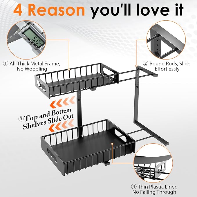 HBL' 2-Pack Large Metal Under Sink Organizer, 2-Tier Slide-Out Under the Kitchen Sink Organizer and Storage,Height Adjustable Under Sink Storage Shelves for Bathroom. - Image 4