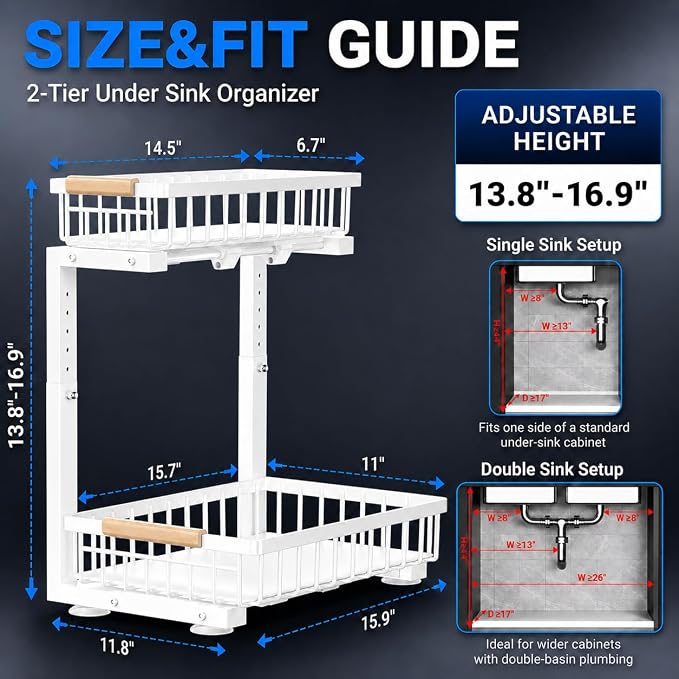 Under Sink Organizer 2 Pack, Double Slide Out Metal Shelf, White | Pull Out Kitchen Storage Cabinet Organizer, 2-Tier Under Sink Storage Rack for Bathroom Laundry Kitchen Storage with Drawer - Image 2