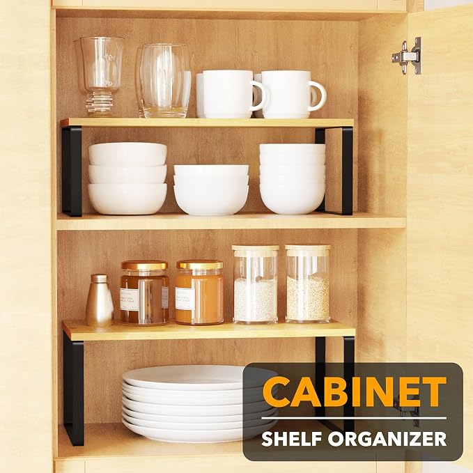 SpaceAid Cabinet Shelf Organizers 8 Pack, Kitchen Counter Rack Shelves Riser, Stackable Expandable Spice Rack, Pantry Cupboard Storage Organization (Black and Natural, Long) - Image 3