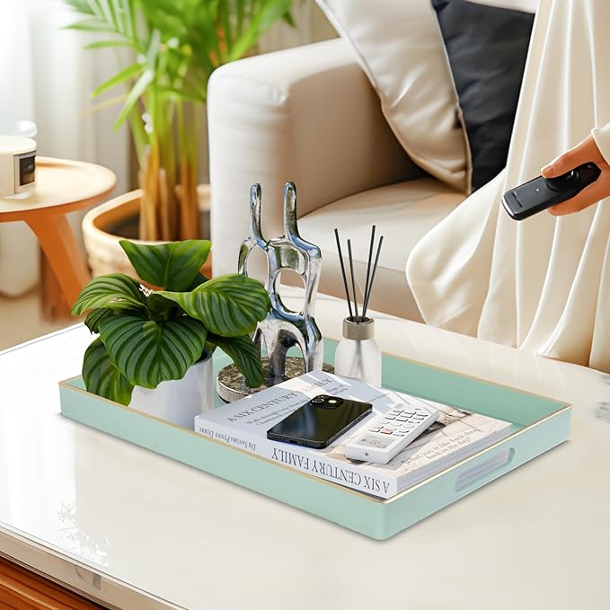 Mint Green Decorative Tray for Ottoman, Serving Tray with Handles | Plastic Melamine Tray, Modern Coffee Table Tray, Rectangle Countertop Organizer Tray for Living Room, 15.8"L x 10.2"W x 1.4"H - Image 5