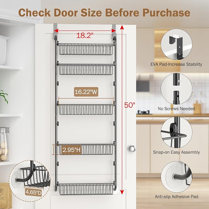 Delamu Over The Door Pantry Organizer, 5-Tier Pantry Door Organizers and Storage with Adjustable Basket, Metal Hanging Spice Rack, Seasoning Organizer, Door Organizer for Home Kitchen Bathroom, Black - Image 2