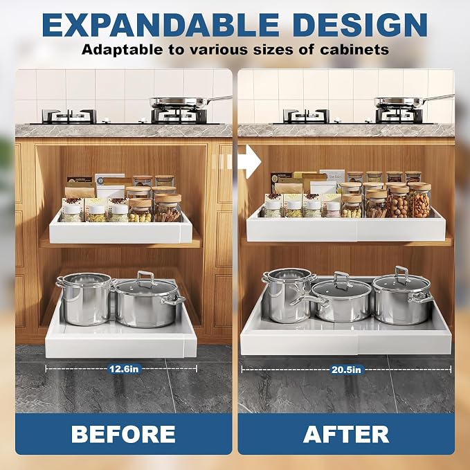 Pull-out Cabinet Organizer, ExpandableHeavy Duty Slide out Drawers Fixed with Adhesive Nano Film for Pots, Roll out Shelf Storage for Kitchen Base Cabinet Organization (white-2PCS) - Image 3