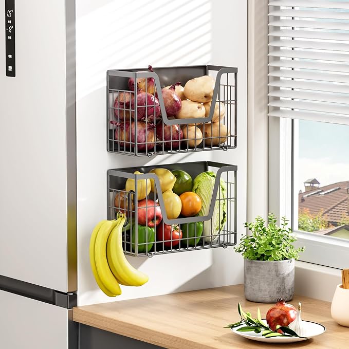Grey Magnetic Shelf for Fridge, 2-Pack Potato and Onion Storage Bin | Magnetic Fruit Basket for Fridge, Magnetic Shelves Kitchen Pantry Organizers & Storage, Magnetic Spice Rack for Refrigerator - Image 9