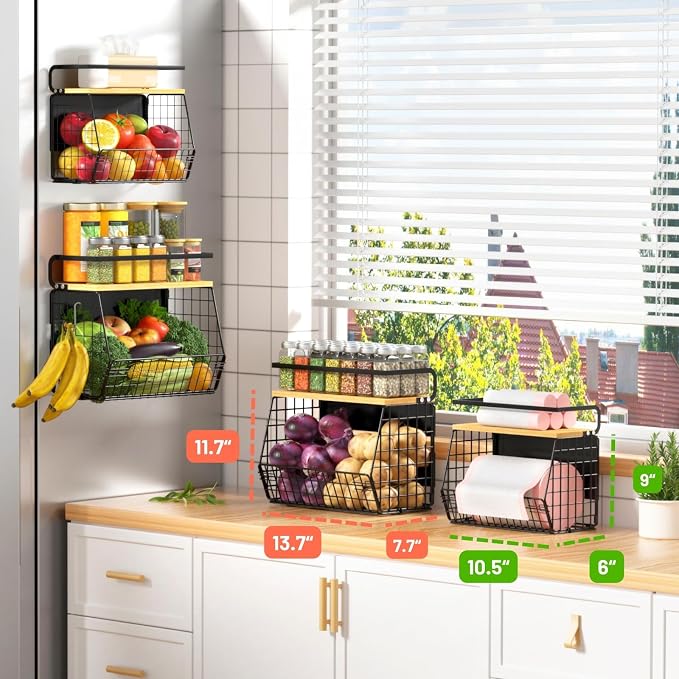 Magnetic Shelf for Fridge with Wood Lid, Fruit Potato and Onion Storage Bins, Pantry Organizers & Storage, Large Container Magnetic Spice Rack for Refrigerator, Kitchen Counter (Black, 1) - Image 2