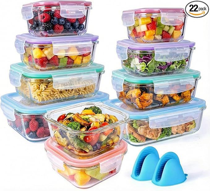 20 Pc Glass Food Storage Containers with Snap Lock Lids, Airtight & Leakproof, Bonus 2 Oven Silicone Gloves, Safe for Dishwasher, Oven, Microwave,Freezer, BPA Free by Unknown
