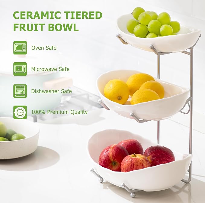 HBlife Fruit Bowl for Kitchen Counter - 3 Tier Ceramic Fruit Bowl Holder with Metal Stand, Tiered Fruit Basket for Fruit and Vegetable Storage, Serving Trays for Party - Image 2