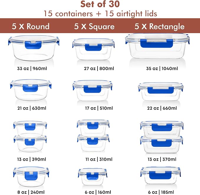 Razab 30 PC Glass Food Storage Containers with Lids - Reusable Glass Meal Prep Containers for Lunch and Leftovers - Airtight & Leakproof Snap Locking Lids - Oven, Freezer, Microwave, Dishwasher Safe - Image 2