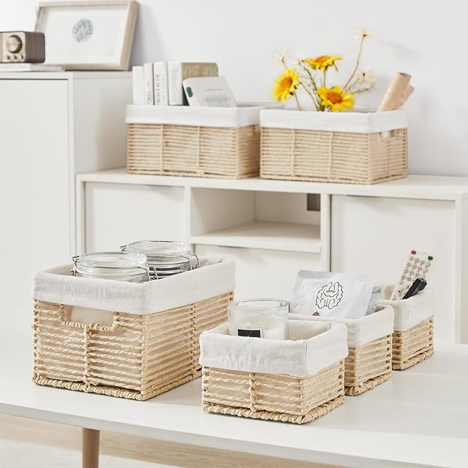 Wicker Storage Baskets, 6 Pack Baskets for Organizing, Wicker Basket with Handle, Rectangular Basket for Storage Shelves, Cube Storage Bins for Closet/Clothes/Dresser, Beige - Image 6