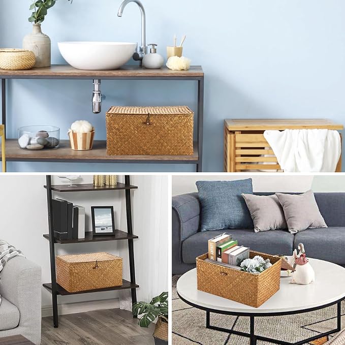 Hipiwe Wicker Shelf Baskets Bin with Lid Handwoven Storage Basket, X-Large | Rectangular Basekts Bins Natural Seagrass Household Basket Boxes for Shelf Wardrobe Home Organizer, Caramel - Image 3
