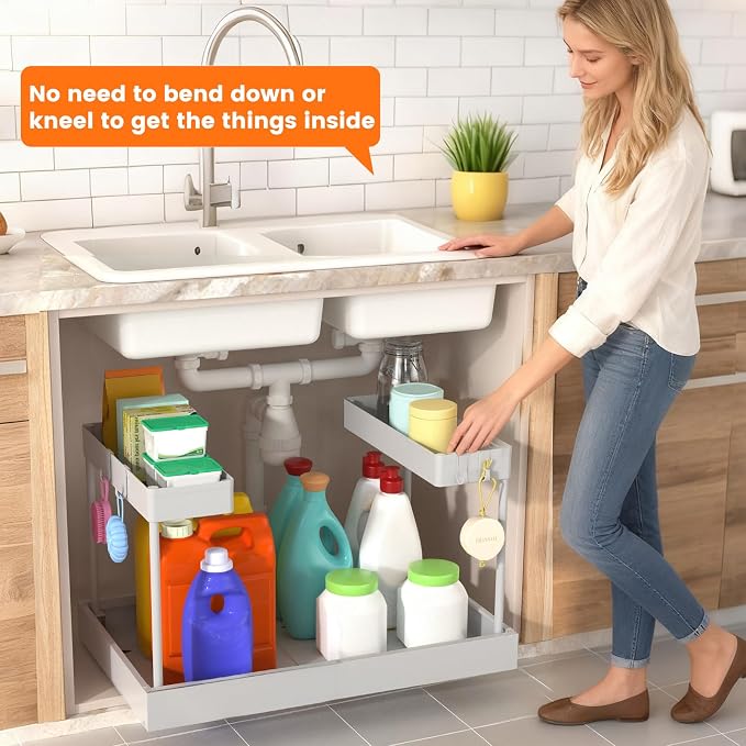Expandable Under Sink Organizers and Storage,Width Adjustable (14.9-23.6IN),No Drill 2-Tier Pull Out Under Cabinet Organizer for Kitchen Bathroom Laundry White - Image 6