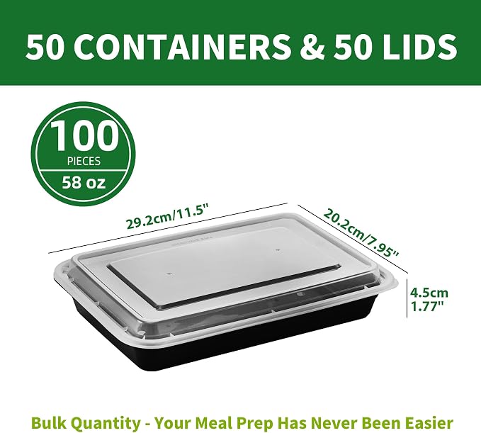 58oz Meal Prep Containers, 50 Pack Disposable Food Storage Boxes with Lids | Heavy Duty, Single Compartment, Leakproof Lids, BPA Free, Microwave Freezer Safe, Plastic To Go Bento Boxes for Lunch Takeout - Image 2
