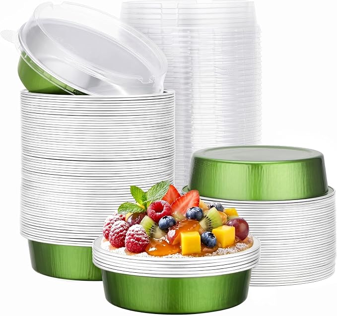 Beasea Mini Disposable Cupcake Pans with Lids, 100 Pack 7.3oz Aluminum Foil Baking Cups Tart Pie Tins, Small Round Tart Containers for Individual Dessert Muffin Cheesecake Quiche - Avocado Green by Beasea