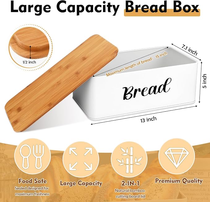 Hushee Metal Bread Box and Butter Dish with Bamboo Cutting Board Lid and Knife Bread Storage Container Breadbox for Kitchen Counter Butter Organizer for Kitchen Countertop Decoration(White) - Image 2