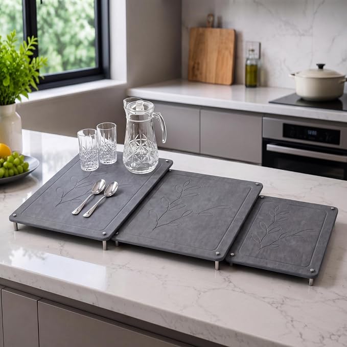 3 Tiers 24"x16" & 20"x16" &16"x12" Large Nesting Stone Dish Drying Mats for Kitchen Counter Absorbent Quick Dry Diatomaceous Earth Mat with Non-slip Feet for Pot Dishes Tableware (Dark Gray) by Ferrochef