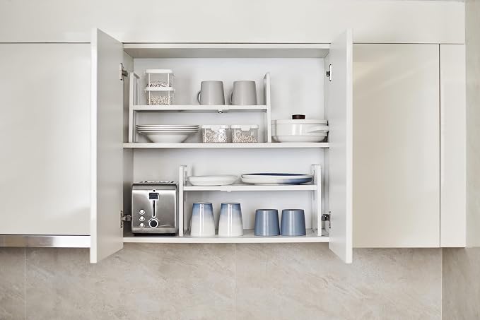 Nxconsu Cabinet Shelf Riser, Adjustable Cabinet Organizer, 8.6" Deep White | Heavy-Duty Metal Expandable Shelf Holds 50 lb with 3 Height Levels for Kitchen Cabinet Cupboard Pantry Dish Mug - Image 2