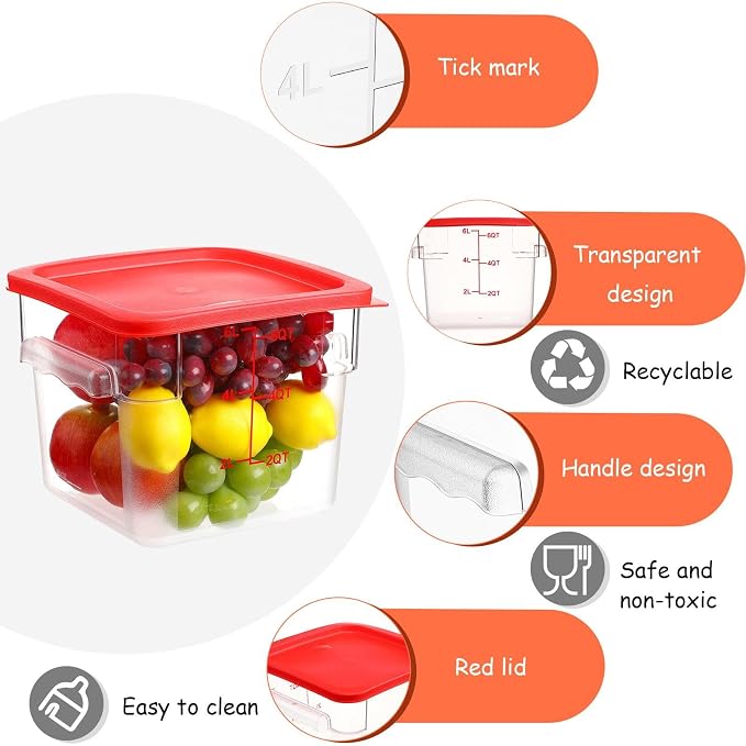 Hsei 6 Set 6 Quart Food Storage Containers with Lids & 6 Pcs Plastic Ice Scoop Square Commercial Containers with Scale for Kitchen Restaurant Freezer Cereal Rice Storage(Red) - Image 3