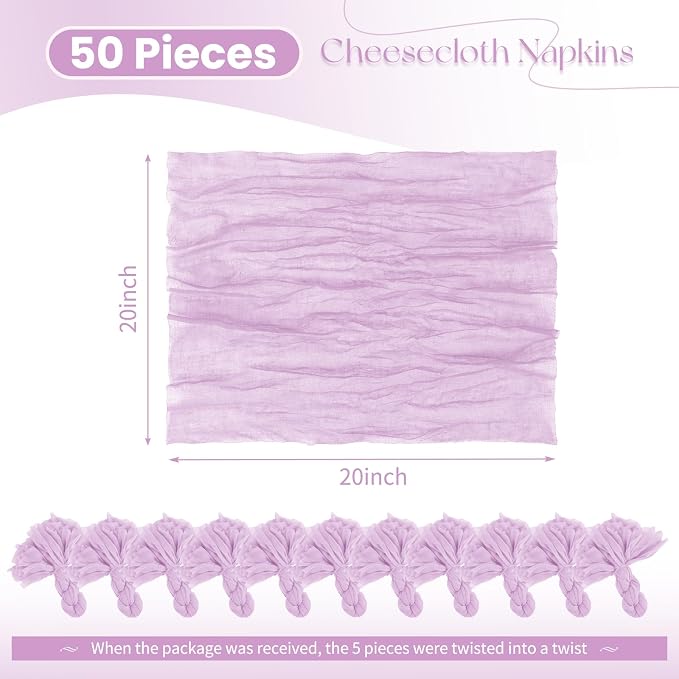 50 Pack Lavender Cloth Napkins 20x20 Inch Cheesecloth Napkins | Elegant Cloth Napkins for Table, Washable Rustic Boho Gauze Napkins, for Wedding Party Bridal Baby Shower Dinner Table Decor - Image 2
