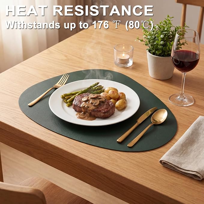 Faux Leather Placemats Set of 6, Wipeable & Washable Table Mats | Waterproof, Heat-Resistant & Easy to Clean Round Place Mats for Dining & Kitchen, 17''x13'', Green - Image 2