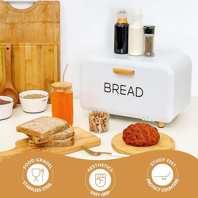 White Bread Box for Kitchen Countertop - Large Capacity Bread Storage Container vintage bread box - Stylish Metal Bread Bin - Image 3