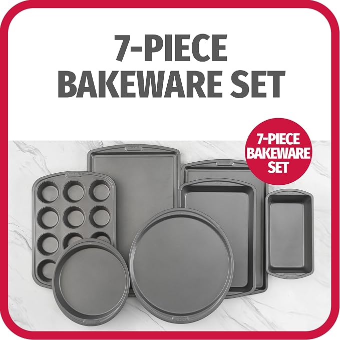GoodCook Everyday 7-Piece Non-Stick Bakeware Set – 2 Cookie Sheet Pans, Round Cake Pan, Loaf Pan, Pizza Pan, Bake & Roast Pan, 12-Cup Muffin Pan - Baking Supplies, Baking Pans Set - Image 2