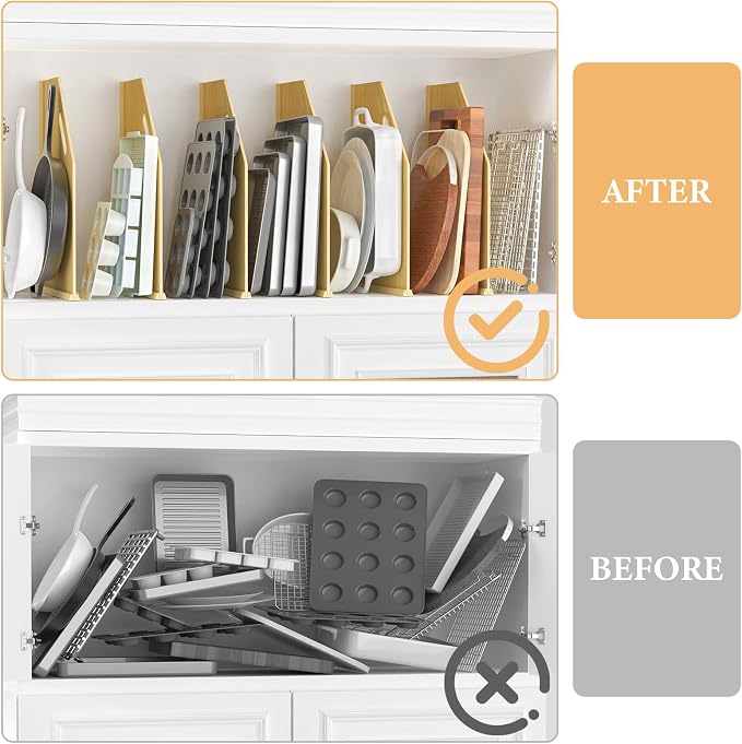 6 Pack Wood Tray Dividers for Cabinet, Cookie Sheet Organizer for Cabinet | No cutting required, Premium Wood, 2 Assembly Methods, Kitchen Cabinet Dividers for Storing pans, Baking tray, Cutting Board - Image 5