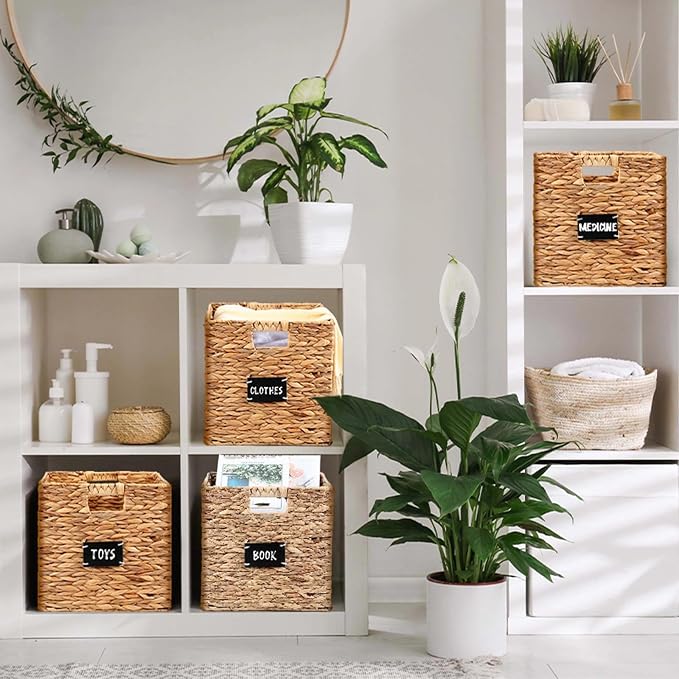 Jinei 12 Pcs Wicker Storage Basket Bulk, 12 x 12 Inch Handwoven Water Hyacinth Folding Cube Bin with Handles Labels for Shelves Pantry Laundry Organization - Image 5
