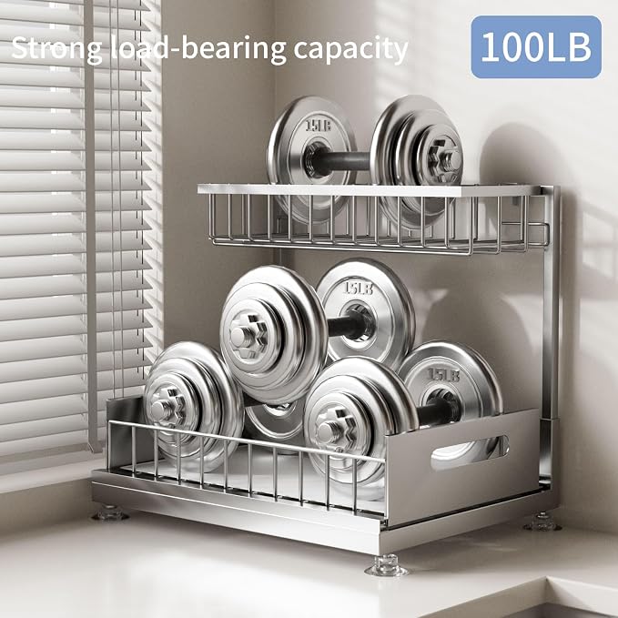 L-Shaped Under Sink Organizer, 2-Tier Pull-out Cabinet Rack 1-Pack | Grey Height-Adjustable Steel Rack, Sliding Grid Drawers with PP Liners, Holds 100 Lbs, Suction Base, Ideal Kitchen Storage - Image 4