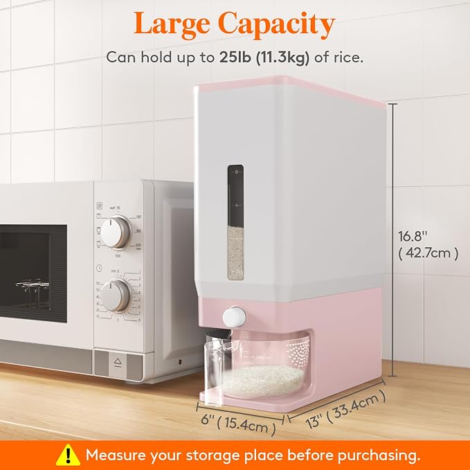 Lifewit Rice Dispenser 25 Lbs, Airtight Storage with Cup, 2 Pack Pink | BPA-Free 11.3kg Capacity Storage Container for Beans, Corn & Other Small Grains, One-Press Dispensing Bin for Kitchen Pantry - Image 3