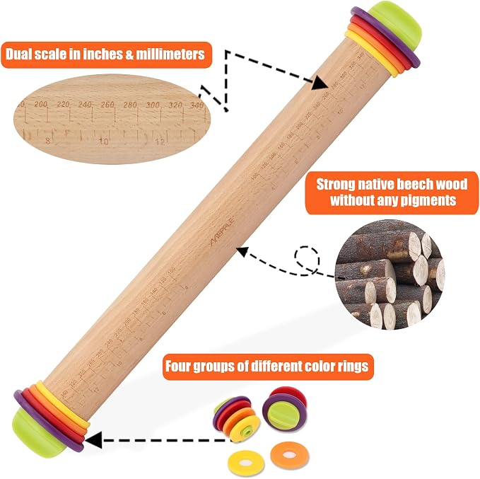 Rolling Pin with Thickness Rings,13.6''Dough Roller & Mat Fit Uniform Dough | Mepple Precision Wood Roller Rod with 4 MultiColor Measuring Rings for Fondant Cookie Pizza Pie Making At Home or Pro Bakers - Image 8