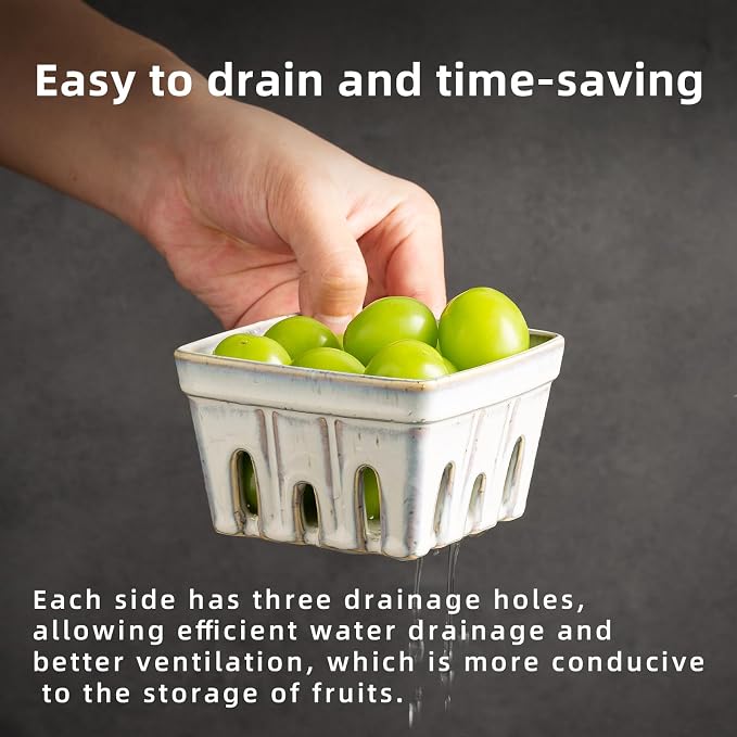 Ceramic Berry Basket, 4.2" Colander Set of 2 with Holes | Drainage holes help excess water flow away after washing berries, grapes, cherries, tomatoes, and fresh fruit - Image 3