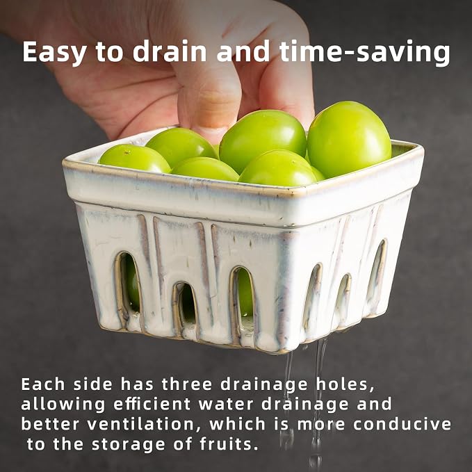 Ceramic Berry Basket, 6" Colander Set of 2 with Holes | Drainage holes help excess water flow away after washing berries, grapes, cherries, tomatoes, and fresh fruit - Image 3