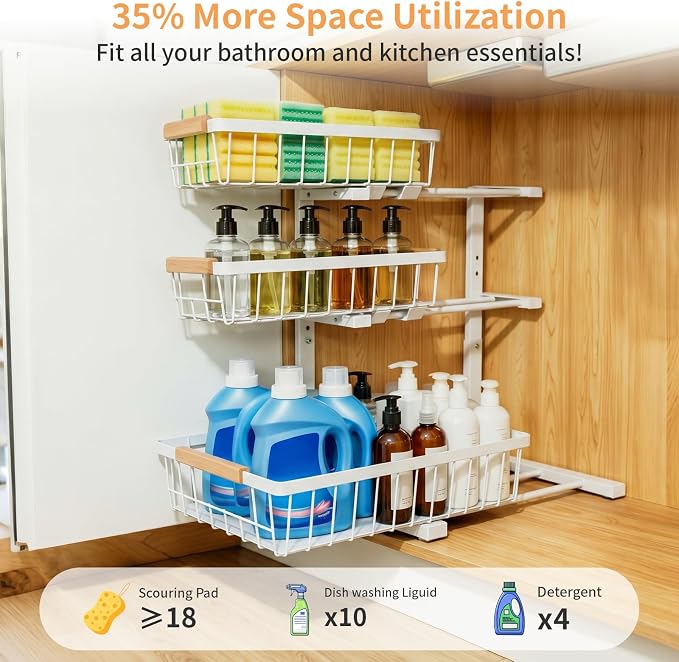 3 Tier Grid Pull Out Organizer White 2 Pack Sliding Rack | White grid dual organizer set for stable multi layer storage in kitchen bathroom and under sink cabinet organization - Image 5