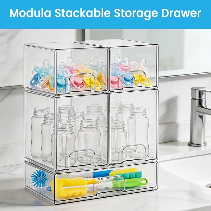Bottle Storage Organizer Baby, Clear Stackable Storage Drawers Set for Baby Bottle, Beauty Supplies Storage, Ideal for Countertop, Vanity, Bathroom, Cabinet, Pantry Organization, 15.4" H, 5 Pack - Image 4